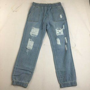 Floral Blooming Women's Blue Highly Distressed Straight Leg Denim Joggers Size M